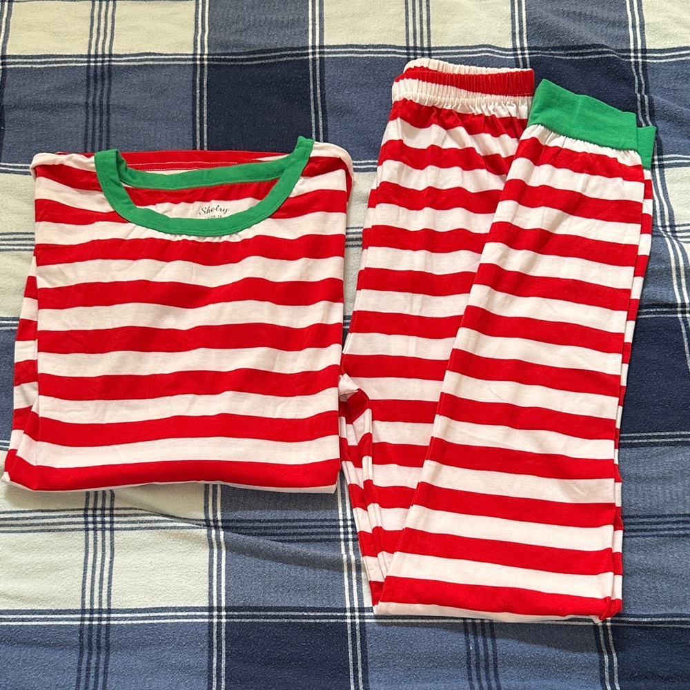 Kids Red and White Striped Pajama Set with Green Trim
